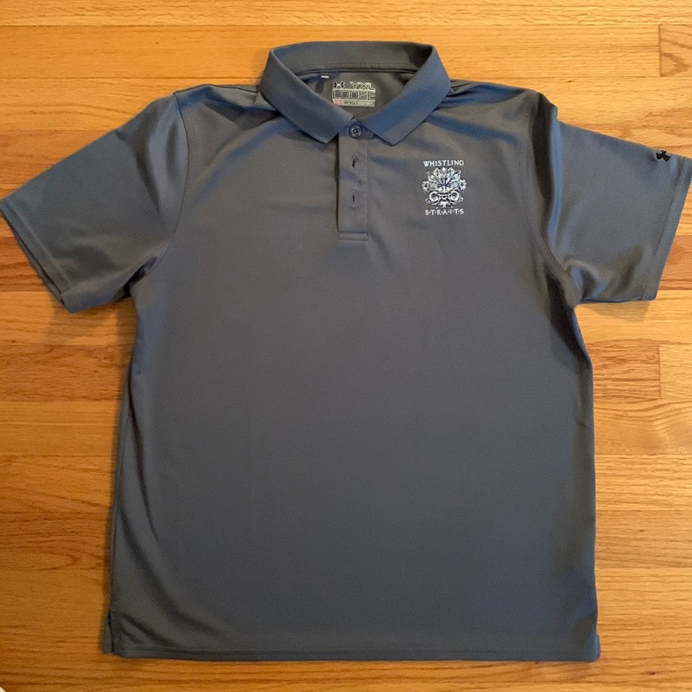 Boys Under Armour golf shirt polo. Size Youth XL with Whistling Straits logo
